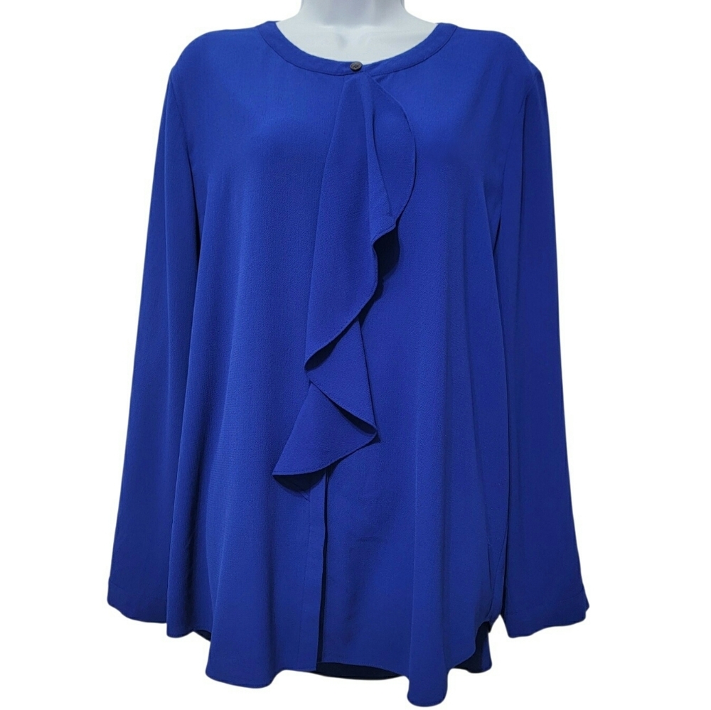 Vince Camuto | Ruffle Button Front Long Sleeve Blouse Top Royal Blue Business